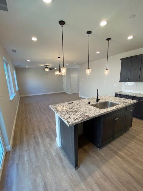 kitchen featuring wood-type flooring, sink, a kitchen island with sink, and ceiling fan