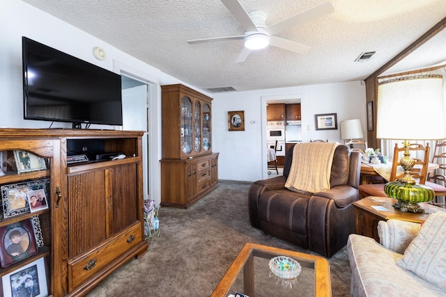 living area featuring a textured ceiling, carpet flooring, and visible vents