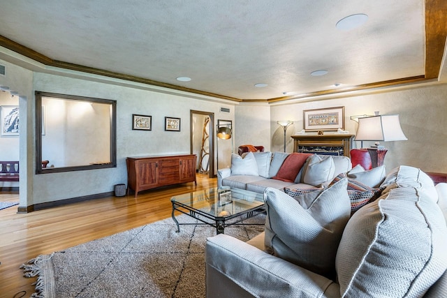 living room featuring wood-type flooring, ornamental molding, and a raised ceiling