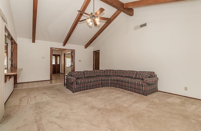 carpeted living room featuring ceiling fan, high vaulted ceiling, and beamed ceiling