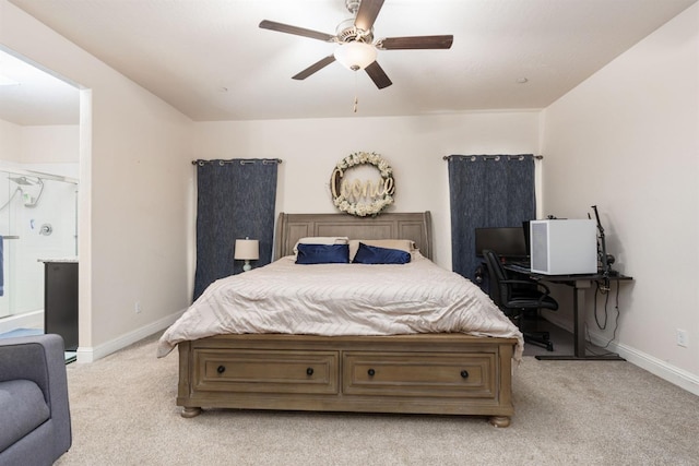 bedroom featuring light colored carpet and ceiling fan