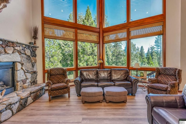 living room with a wealth of natural light, a fireplace, and light hardwood / wood-style floors