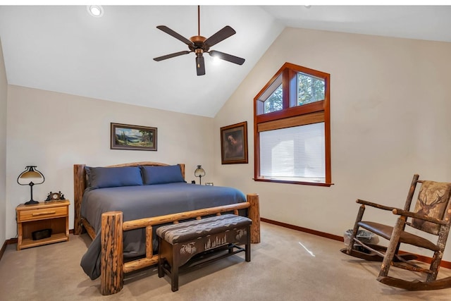 bedroom with lofted ceiling, light carpet, and ceiling fan