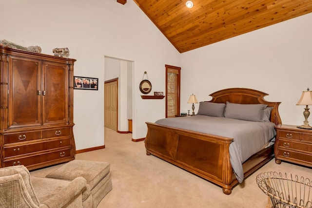 bedroom with high vaulted ceiling, light carpet, and wooden ceiling