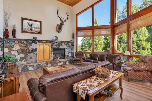 living room with a towering ceiling, a fireplace, and light hardwood / wood-style flooring