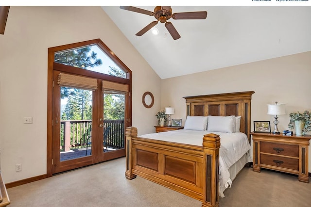 carpeted bedroom featuring vaulted ceiling, access to outside, ceiling fan, and french doors