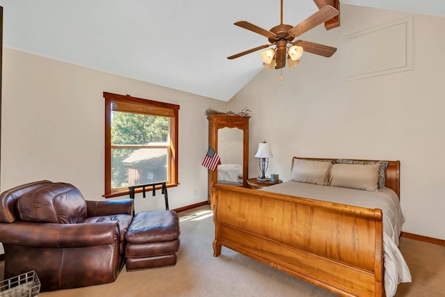 bedroom with vaulted ceiling, carpet flooring, and ceiling fan