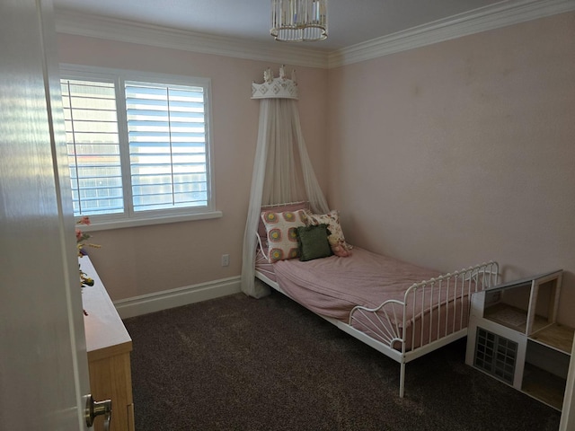 carpeted bedroom featuring ornamental molding