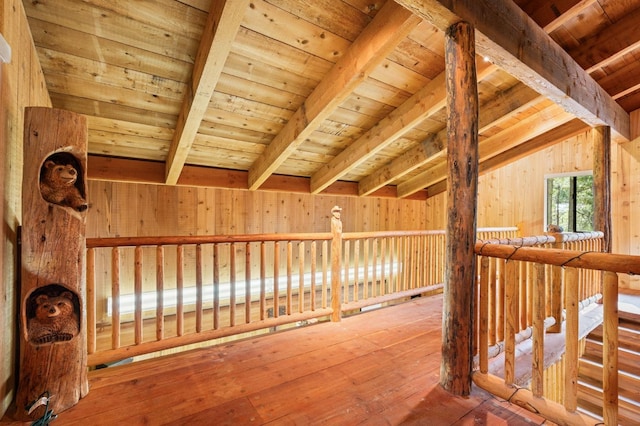 hallway featuring wood ceiling, vaulted ceiling with beams, wood-type flooring, and wood walls