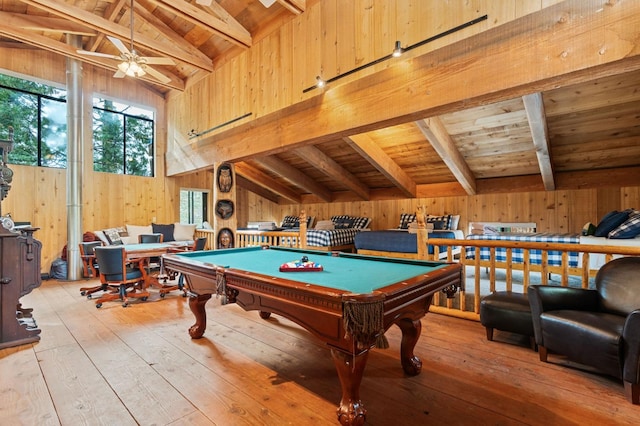 game room with beamed ceiling, billiards, light wood-type flooring, and wood walls