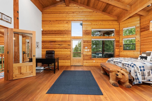 bedroom with beam ceiling, wood-type flooring, wood ceiling, and high vaulted ceiling