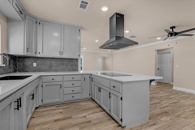 4491 E Nevada Ave, Fresno, CA 93702 - kitchen featuring sink, gray cabinets, black electric stovetop, island range hood, and kitchen peninsula