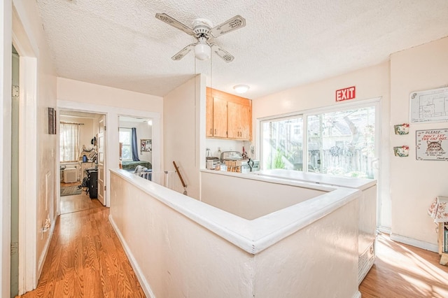 kitchen featuring ceiling fan, light wood-type flooring, a textured ceiling, and light brown cabinets