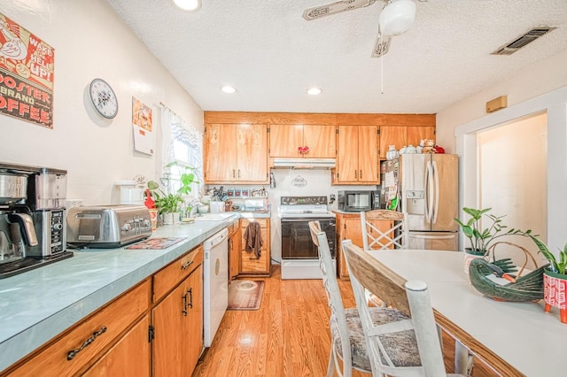 kitchen featuring ceiling fan, white appliances, light hardwood / wood-style flooring, and a textured ceiling