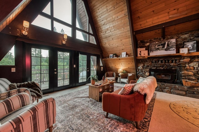 living room featuring carpet floors, wooden walls, high vaulted ceiling, and french doors