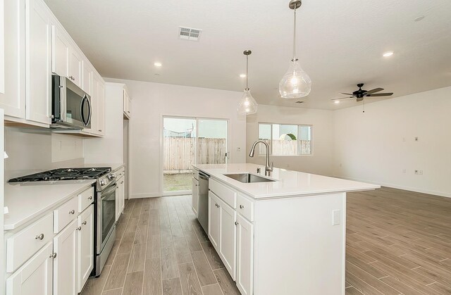 kitchen with white cabinetry, sink, stainless steel appliances, and a center island with sink