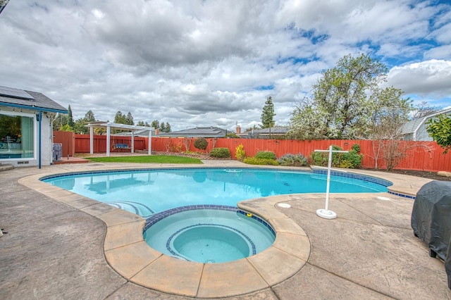 view of swimming pool with a pergola, a patio, and an in ground hot tub