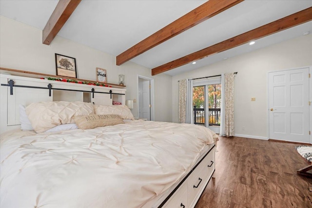 unfurnished bedroom featuring vaulted ceiling with beams, hardwood / wood-style floors, and access to exterior