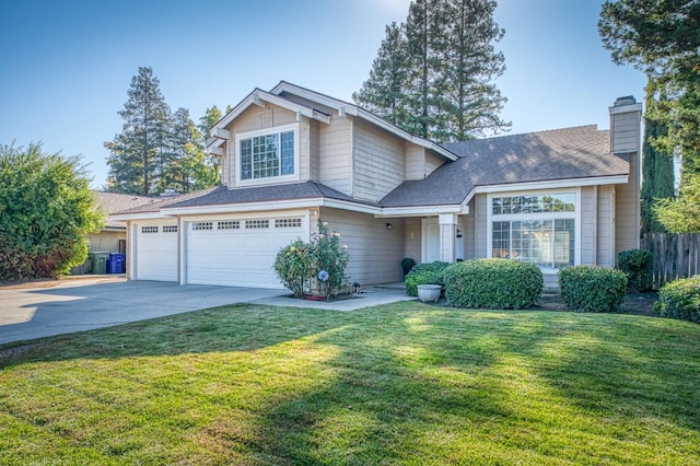 view of front facade featuring a front yard, fence, driveway, an attached garage, and a chimney