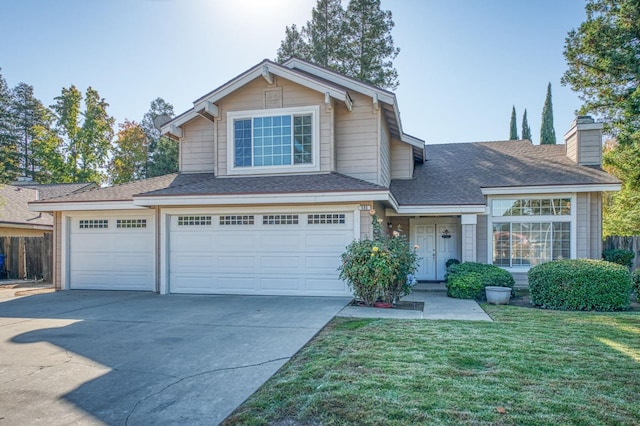 view of front of property featuring fence, driveway, a chimney, a front lawn, and a garage