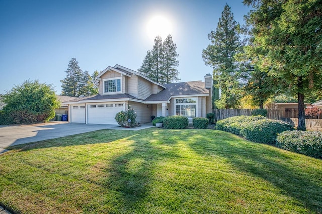 view of front of property featuring fence, a chimney, a front lawn, concrete driveway, and a garage