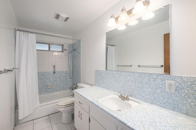 full bathroom with shower / tub combo, tile patterned flooring, backsplash, vanity, and toilet