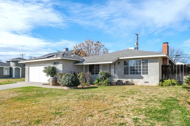 single story home with a garage and a front yard