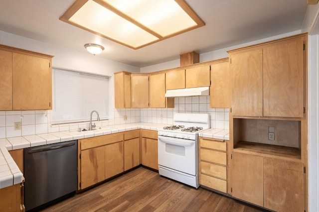 kitchen with sink, tile countertops, stainless steel dishwasher, white gas range oven, and decorative backsplash