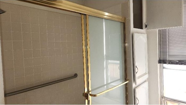 interior details with a shower with shower door