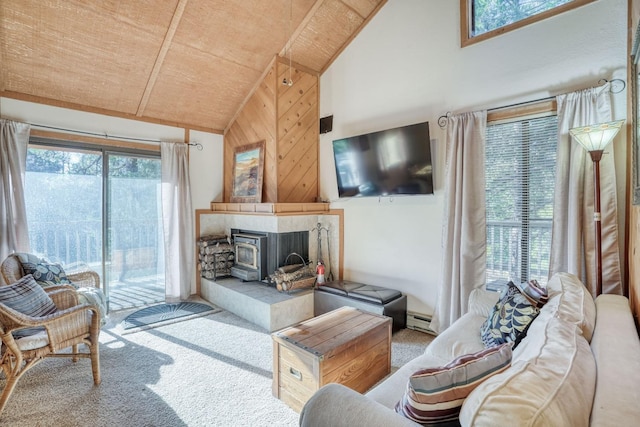 carpeted living room with a healthy amount of sunlight, wood walls, high vaulted ceiling, and baseboard heating