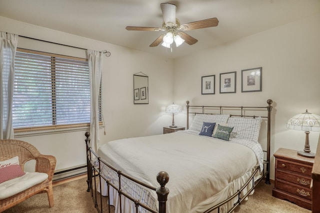 bedroom with ceiling fan and a baseboard radiator