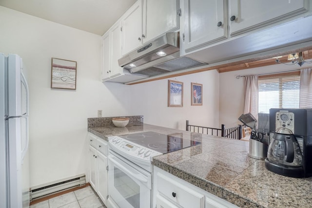 kitchen with white cabinetry, a baseboard heating unit, light tile patterned flooring, and white appliances