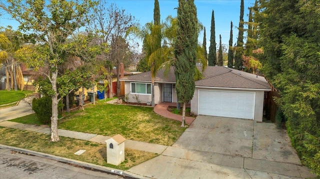 ranch-style house featuring a front yard and stucco siding