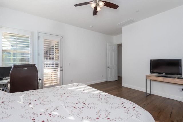 bedroom with access to outside, dark hardwood / wood-style floors, and ceiling fan