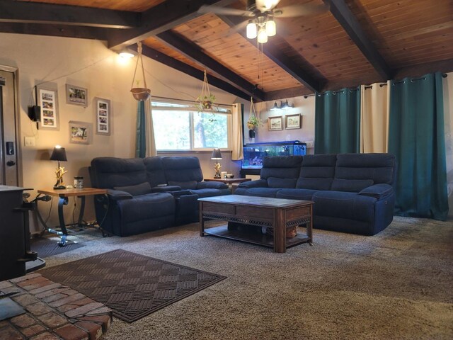 living area with wood ceiling, vaulted ceiling with beams, carpet, and a ceiling fan