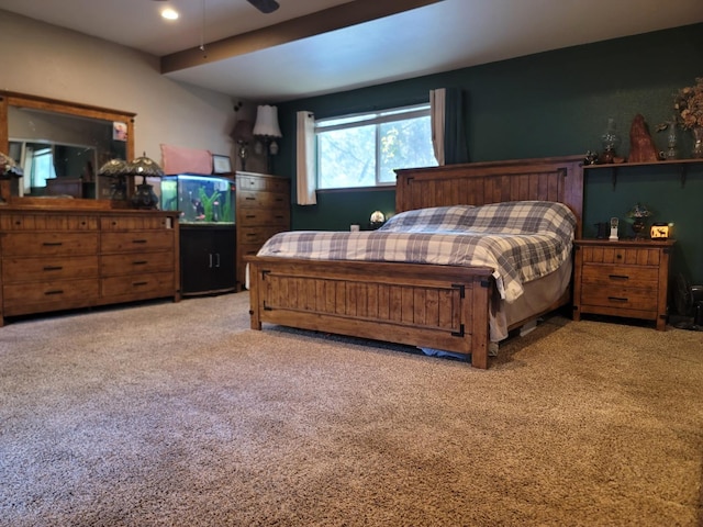 carpeted bedroom with recessed lighting and a ceiling fan