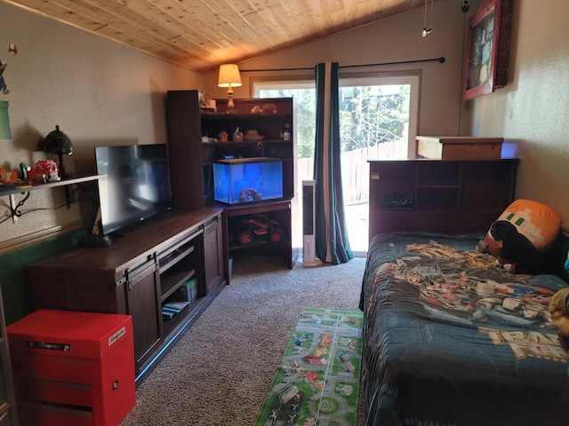 carpeted bedroom featuring wooden ceiling, access to outside, and vaulted ceiling