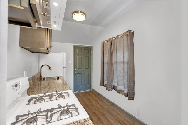 2567 S Rowell Ave, Fresno, CA 93725 - kitchen featuring sink, white appliances, light stone countertops, dark hardwood / wood-style flooring, and vaulted ceiling