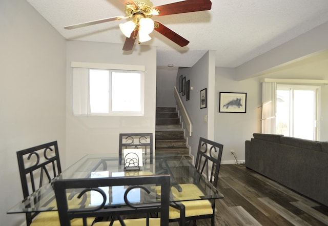 dining area featuring a textured ceiling and dark hardwood / wood-style flooring