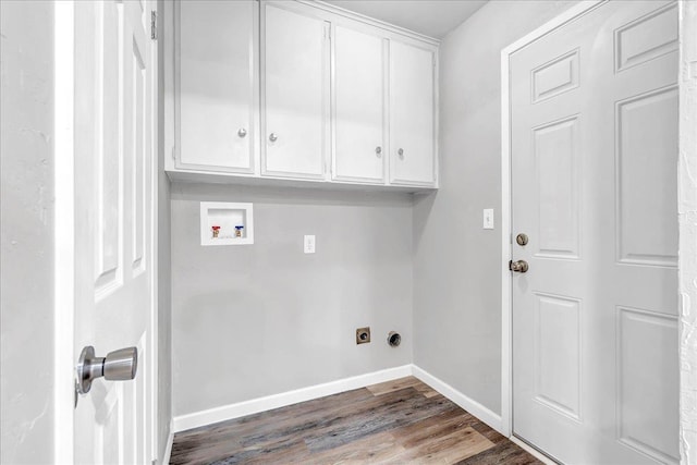 laundry room with cabinets, hookup for a washing machine, dark hardwood / wood-style floors, and hookup for an electric dryer