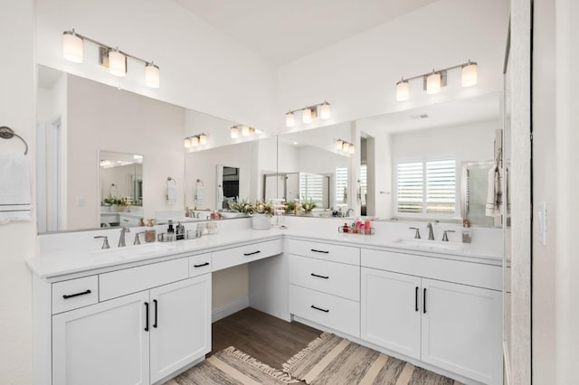 full bathroom featuring two vanities, wood finished floors, and a sink