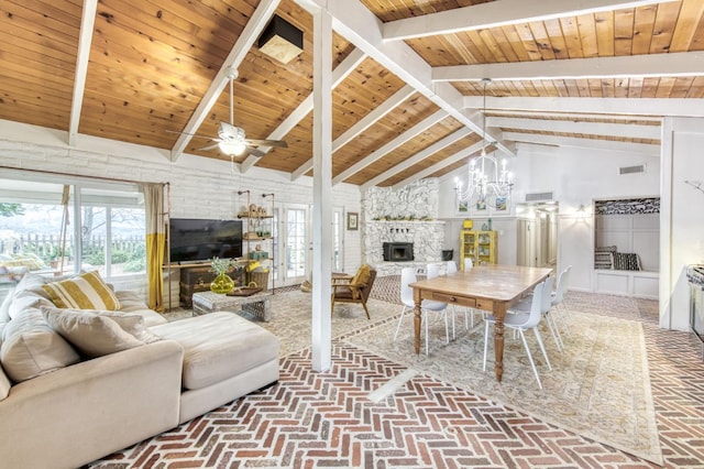 living room with lofted ceiling with beams, wood ceiling, a fireplace, and visible vents
