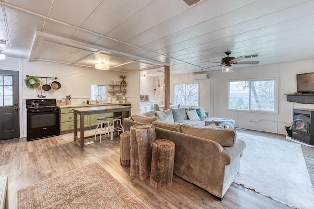 living area with plenty of natural light, a wood stove, and light wood-style floors
