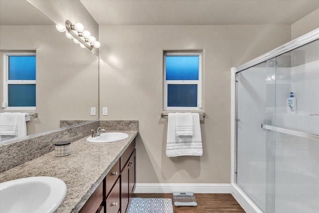 bathroom featuring vanity, an enclosed shower, and wood-type flooring