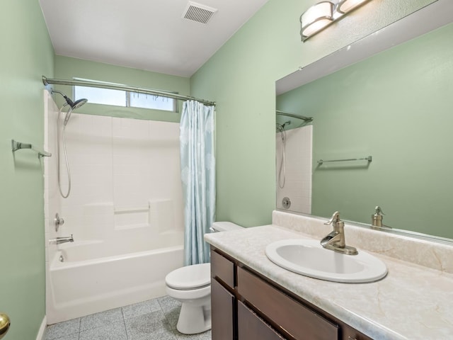 full bathroom featuring vanity, shower / tub combo, and toilet