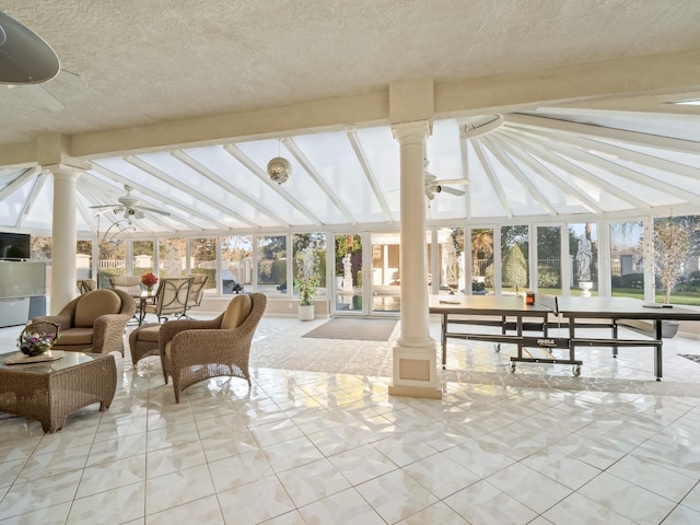 6702 N Langley Ave, Clovis, CA 93619 - sunroom / solarium with vaulted ceiling with beams, tile patterned floors, ornate columns, and a textured ceiling