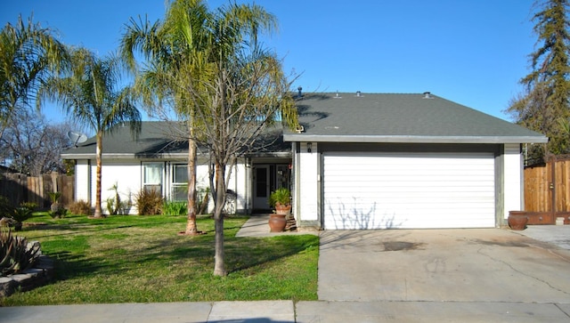 ranch-style house with a garage and a front lawn