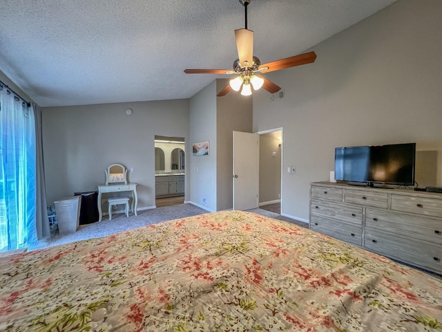 unfurnished bedroom with ceiling fan, lofted ceiling, carpet, and a textured ceiling