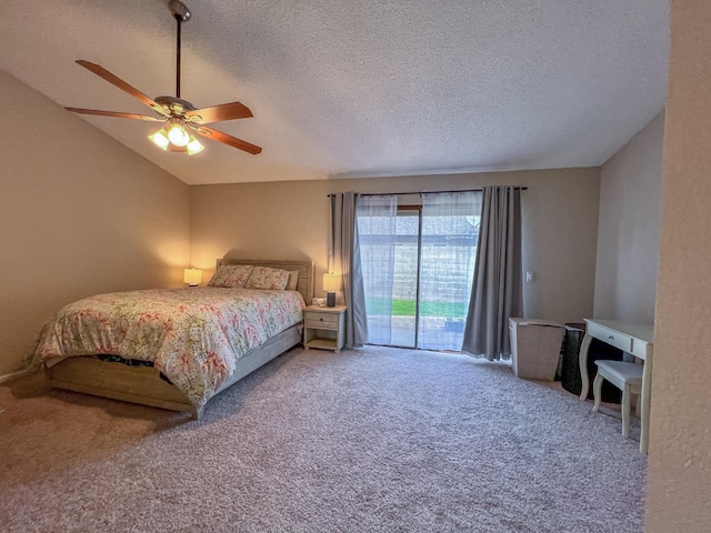 carpeted bedroom with a textured ceiling, access to outside, ceiling fan, and vaulted ceiling