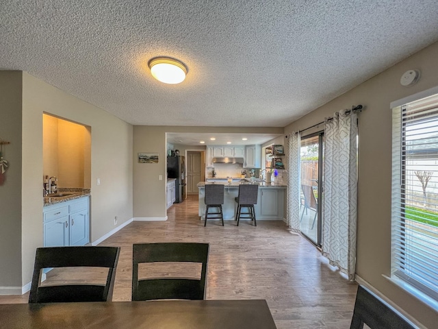 dining room with sink, light hardwood / wood-style flooring, and a textured ceiling